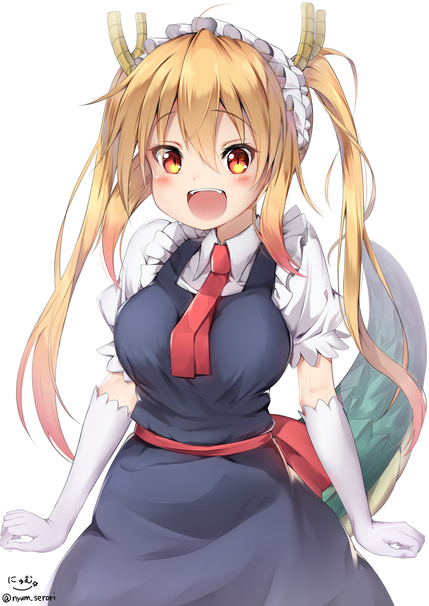 1girl absurdres ahoge blonde_hair breasts commentary_request dragon_girl dragon_tail fangs gloves highres horns kobayashi-san_chi_no_maidragon large_breasts long_hair looking_at_viewer maid maid_headdress necktie nyum open_mouth slit_pupils smile solo tail tooru_(maidragon) twintails twitter_username upper_body white_gloves