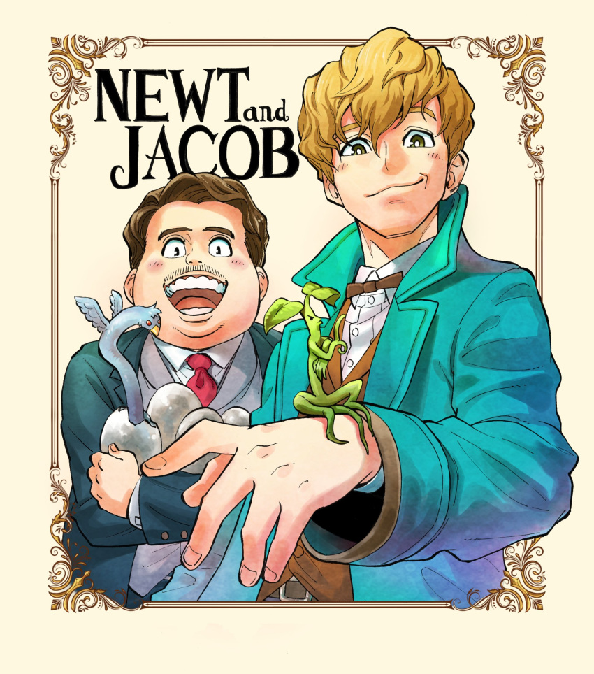 2boys blonde_hair blue_jacket border bow bowtie bright_pupils brown_eyes brown_hair character_name coat egg fantastic_beasts_and_where_to_find_them fat highres jacket jacob_kowalski looking_at_viewer male_focus monster multiple_boys newt_scamander shibata_yuusaku simple_background smile tan_background traditional_media wavy_hair