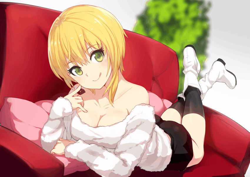 1girl :q asymmetrical_hair bangs bare_shoulders black_legwear black_shorts blonde_hair blurry blush boots breasts chocolate cleavage closed_mouth collarbone couch depth_of_field eyebrows_visible_through_hair green_eyes hair_between_eyes hirasato idolmaster idolmaster_cinderella_girls idolmaster_cinderella_girls_starlight_stage index_finger_raised kneehighs large_breasts looking_at_viewer lying miyamoto_frederica off_shoulder on_couch on_stomach pillow plant short_hair_with_long_locks shorts smile solo striped striped_sweater sweater tongue tongue_out white_boots
