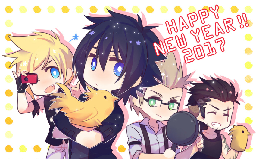 2017 4boys bird black_hair blonde_hair blue_eyes camera chibi chick chocobo fang final_fantasy final_fantasy_xv frying_pan gladiolus_amicitia hand_puppet happy_new_year highres ignis_scientia male_focus multiple_boys new_year noctis_lucis_caelum pentacle_dark prompto_argentum puppet