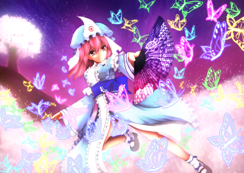 1girl action ankle_ribbon bangs black_shoes breasts butterfly cherry_blossoms clouds fan floral_print folding_fan foreshortening frilled_kimono frills glowing glowing_butterfly hair_between_eyes hat highres japanese_clothes kimono leg_up legs long_sleeves medium_breasts merukiarisu mob_cap night night_sky petals pink_hair pink_sky purple_sky rainbow_order red_eyes ribbon saigyouji_yuyuko saigyouji_yuyuko's_fan_design serious shippou_(pattern) shoes short_hair sky sock_bow socks solo thighs touhou triangular_headpiece twilight veil white_legwear wide_sleeves