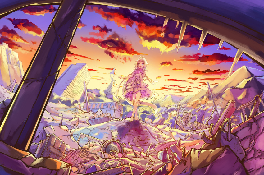 1girl ahoge bangs barefoot dress dying0414 eyebrows_visible_through_hair floating_hair hand_on_own_chest highres ia_(vocaloid) long_hair looking_up music open_mouth outstretched_hand scenery singing smile solo very_long_hair vocaloid wasteland white_dress