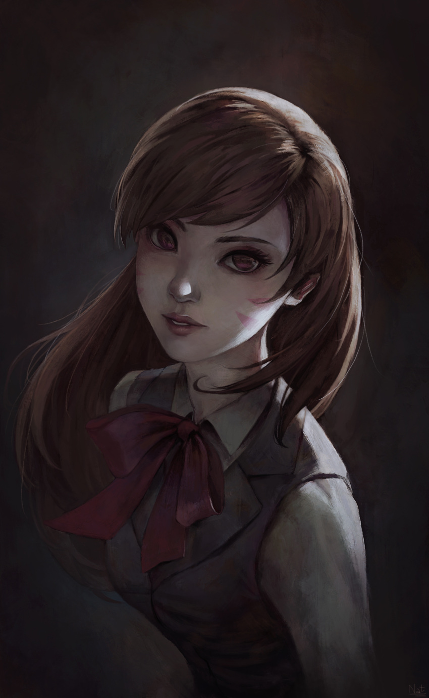 1girl absurdres backlighting bangs bow bowtie brown_eyes brown_hair collared_shirt d.va_(overwatch) facepaint facial_mark grey_background highres light_smile lips long_hair long_sleeves looking_at_viewer nat_vitchayed nose office_lady overwatch parted_lips pink_lips shirt solo swept_bangs upper_body vest whisker_markings white_shirt