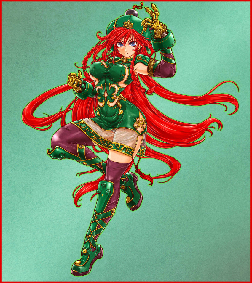1girl :3 absurdly_long_hair alternate_costume armpits aura bangs black_gloves black_legwear blue_eyes boots border braid breasts clenched_hand dress earrings elbow_gloves eyeliner eyeshadow full_body gauntlets gloves green_background green_boots green_dress green_hat hand_up hat highres hips hong_meiling jewelry ledjoker07 long_hair looking_at_viewer makeup medium_breasts microdress panties pantyshot pantyshot_(standing) red_border redhead revealing_clothes see-through shiny shiny_clothes shiny_hair short_dress smile standing standing_on_one_leg star thigh-highs thigh_boots touhou twin_braids underwear very_long_hair white_panties