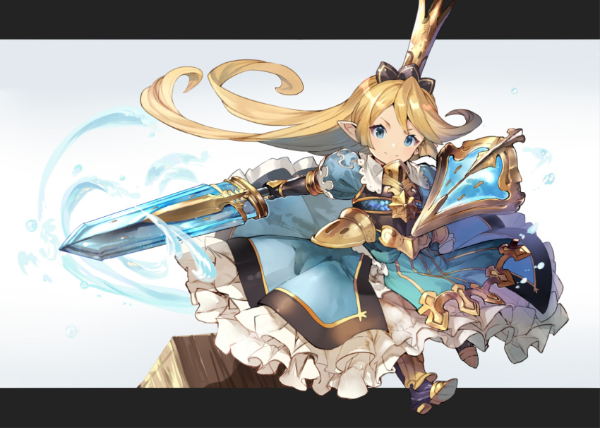 1girl armor armored_boots armored_dress blonde_hair blue_dress blue_eyes boots box charlotta_(granblue_fantasy) crown curly_hair dress dwarf granblue_fantasy greatsword letterboxed long_hair looking_at_viewer pointy_ears shield shirabi_(life-is-free) smile solo standing sword water water_drop weapon white_background