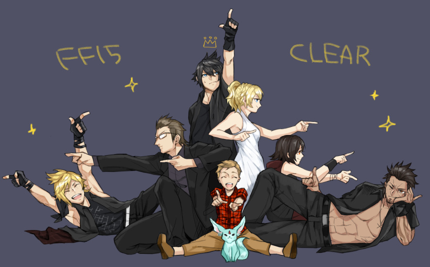 2girls 5boys beard black_hair blonde_hair blue_background carbuncle_(final_fantasy) death_parade dress facial_hair final_fantasy final_fantasy_xv flyers gladiolus_amicitia glasses harusatonougyou ignis_scientia iris_amicitia jacket lunafreya_nox_fleuret lying male_focus multiple_boys multiple_girls noctis_lucis_caelum on_side one_eye_closed parody pointing pointing_at_viewer pointing_up pose pout prompto_argentum simple_background sitting smile sparkle talcott_hester tank_top