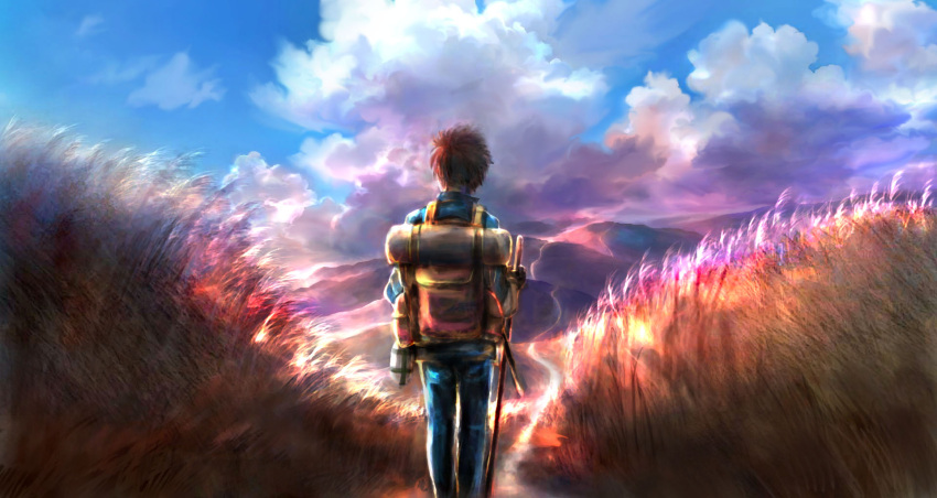 00 1boy backpack bag black_hair canteen clouds cloudy_sky colorful field from_behind gloves grass highres hiking hill horizon male_focus original path road scenery short_hair sky sunlight twilight
