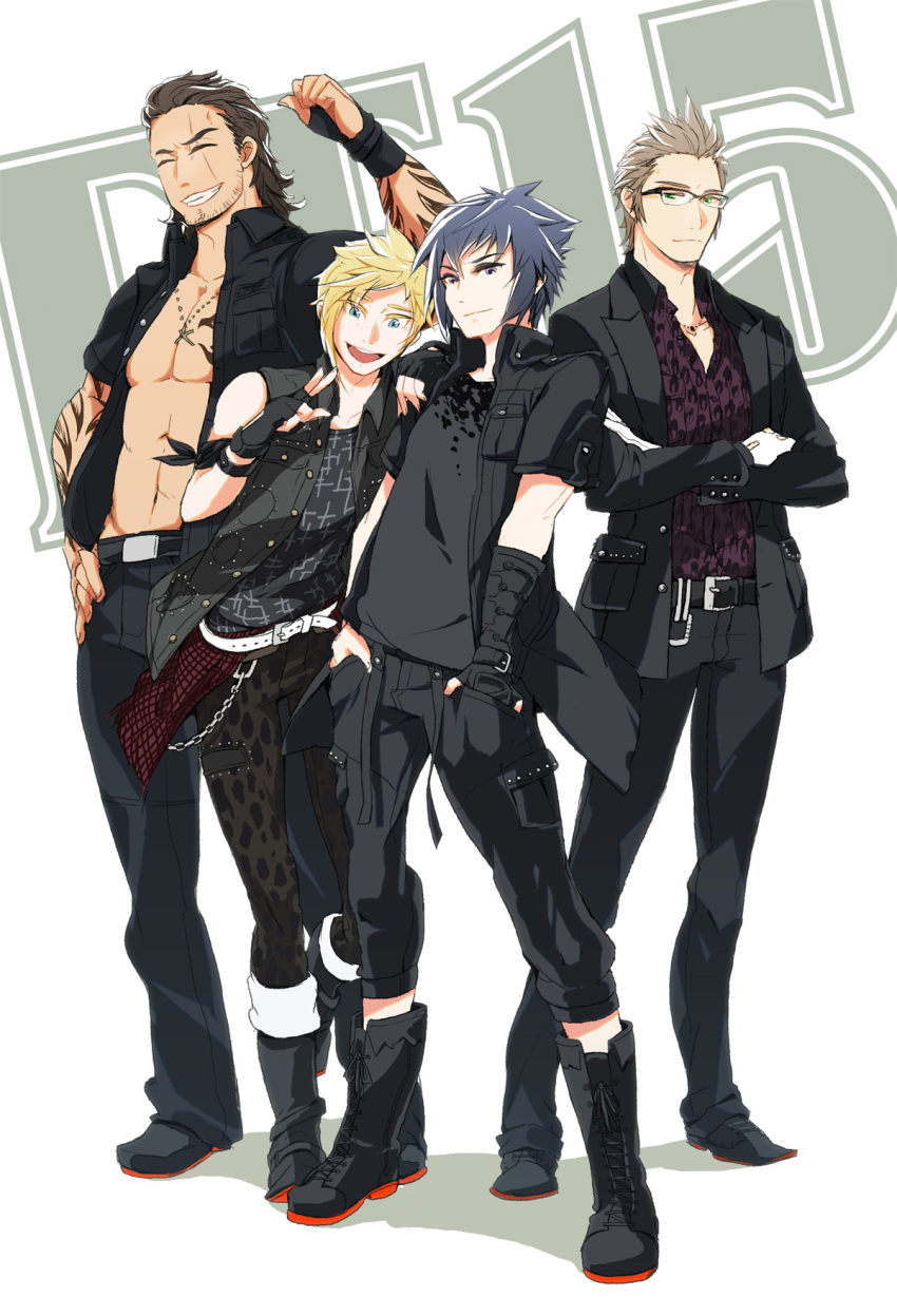 4boys black_hair blonde_hair brown_hair crossed_arms final_fantasy final_fantasy_xv full_body gladiolus_amicitia highres ignis_scientia jacket keisuke_(pixiv42454) male_focus multiple_boys noctis_lucis_caelum open_clothes open_jacket prompto_argentum standing v