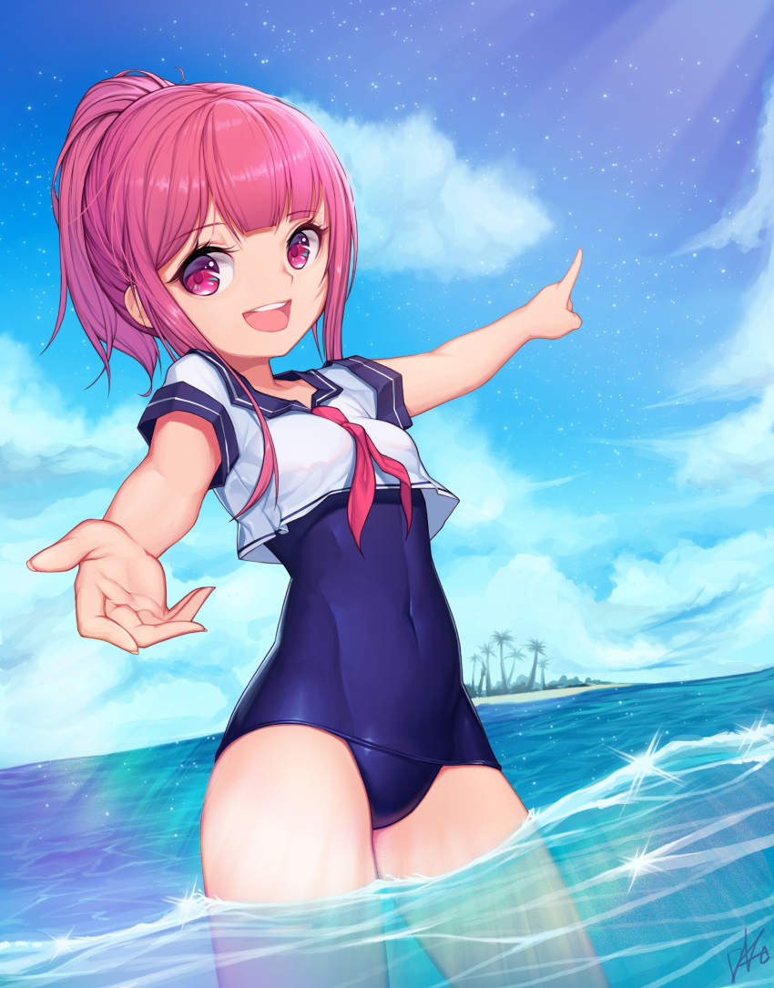 1girl blue_swimsuit contrapposto covered_navel crop_top highres lee_seok_ho long_hair looking_at_viewer necktie open_mouth original pointing ponytail red_eyes red_necktie redhead sailor_collar school_swimsuit school_uniform serafuku soaking_feet solo standing swimsuit upper_teeth water