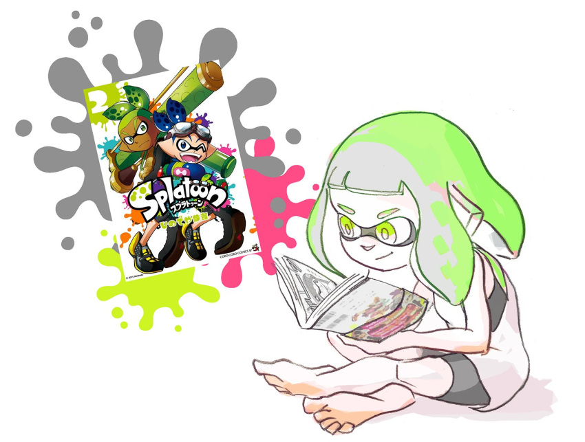 1girl barefoot bike_shorts book domino_mask goggle-kun_(splatoon) green_eyes green_hair indian_style inkling mask official_art pointy_ears reading rider-kun_(splatoon) short_hair sitting solo splatoon splatoon_(manga) splatoon_2 tank_top undershirt