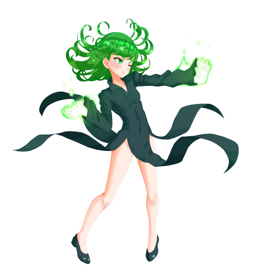 &gt;;( 1girl ;( absurdres bangs bare_legs black_dress black_shoes blush breasts closed_mouth collarbone covered_navel curly_hair dress frown full_body green_eyes green_hair groin high_heels highres long_hair long_sleeves magic midriff no_panties one-punch_man pelvic_curtain popped_collar shirokuro_(oyaji) shoes side_slit simple_background small_breasts solo tatsumaki white_background