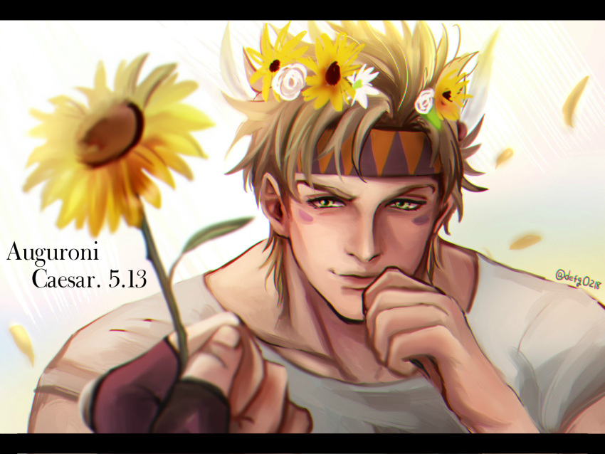 1boy caesar_anthonio_zeppeli dated facial_mark feathers flower hair_feathers happy_birthday head_wreath highres jojo_no_kimyou_na_bouken letterboxed male_focus oppi_(ksop28) signature solo sunflower