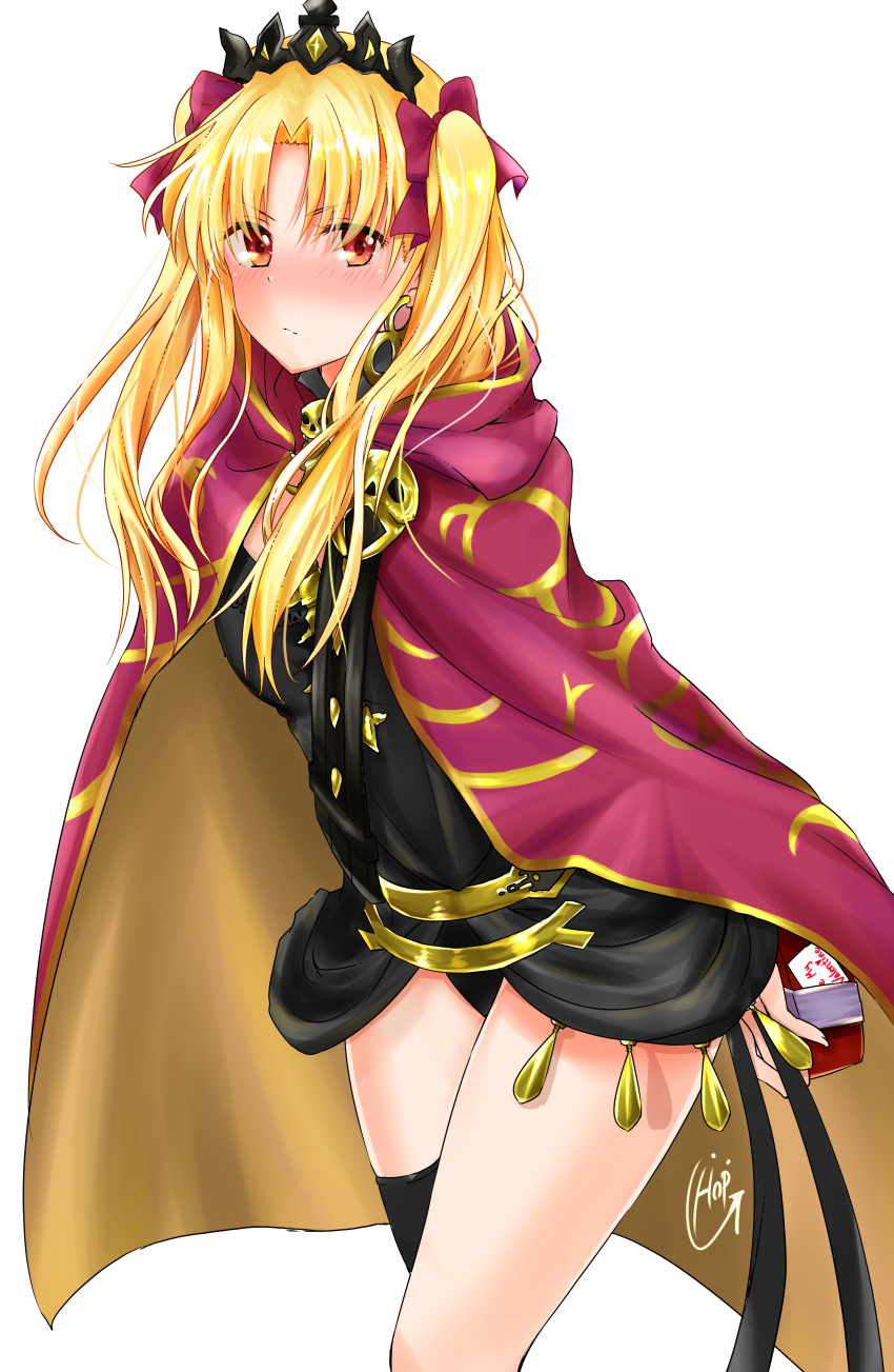 1girl absurdres artist_request black_legwear blonde_hair blush cape earrings ereshkigal_(fate/grand_order) fate/grand_order fate_(series) hair_ribbon highres jewelry long_hair red_cape red_eyes red_ribbon ribbon shiny shiny_hair simple_background single_thighhigh solo thigh-highs tiara tohsaka_rin twintails white_background