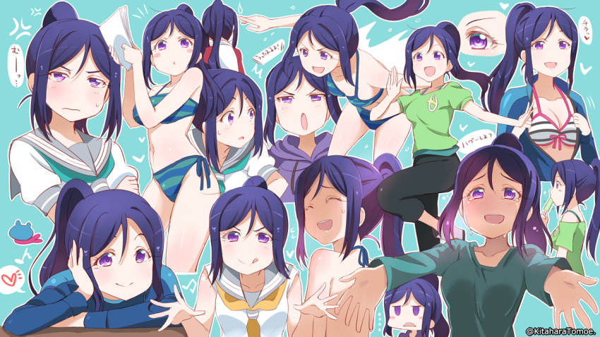 1girl :q bikini blue_hair breasts cleavage diving_suit expressions food hood hooded_jacket hoodie jacket kitahara_tomoe_(kitahara_koubou) long_hair looking_at_viewer love_live! love_live!_sunshine!! matsuura_kanan medium_breasts multiple_views open_mouth outstretched_arms ponytail popsicle school_uniform serafuku smile striped striped_bikini swimsuit tears tongue tongue_out undressing violet_eyes