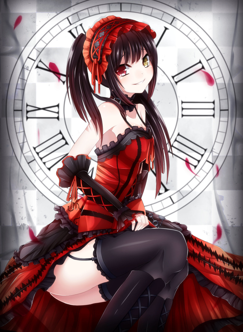 1girl black_hair black_legwear breasts checkered checkered_background choker cleavage clock clock_eyes collarbone date_a_live detached_sleeves dress garter_straps gothic_lolita grin hairband heterochromia highres lolita_fashion lolita_hairband long_hair looking_at_viewer medium_breasts nya_rl petals red_dress red_eyes red_ribbon ribbon smile solo strapless strapless_dress symbol-shaped_pupils thigh-highs tokisaki_kurumi twintails yellow_eyes