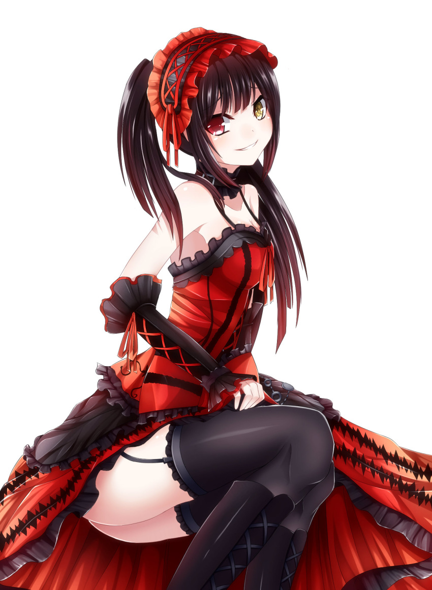 1girl black_hair black_legwear breasts choker cleavage clock clock_eyes collarbone date_a_live detached_sleeves dress garter_straps gothic_lolita grin hairband heterochromia highres lolita_fashion lolita_hairband long_hair looking_at_viewer medium_breasts nya_rl red_dress red_eyes red_ribbon ribbon simple_background smile solo strapless strapless_dress symbol-shaped_pupils thigh-highs tokisaki_kurumi twintails white_background yellow_eyes