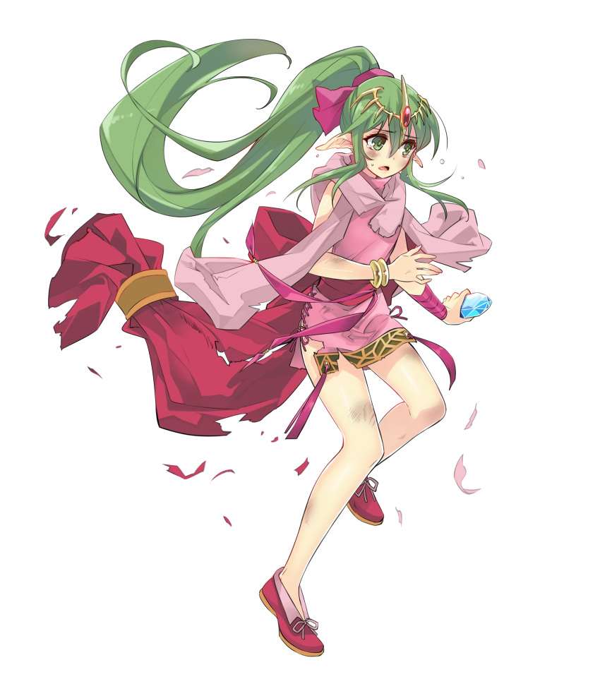 1girl bracelet chiki crying crying_with_eyes_open damaged dress fire_emblem fire_emblem:_mystery_of_the_emblem fire_emblem_heroes floating_hair frown full_body green_eyes green_hair hair_ribbon highres holding itou_noiji jewelry long_hair long_ponytail official_art pink_dress pink_ribbon pointy_ears ribbon sash short_dress simple_background sleeveless tears tiara torn_clothes transparent_background very_long_hair