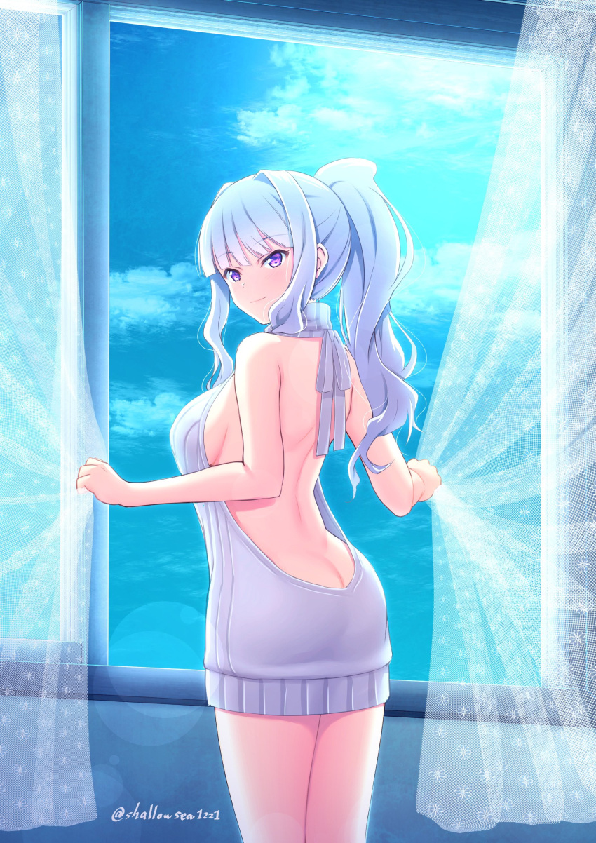 1girl absurdres alternate_hairstyle asami_asami ass backless_outfit bangs bare_back bare_shoulders blue_sky blush breasts butt_crack closed_mouth clouds cloudy_sky curtains day dress eyebrows_visible_through_hair grey_sweater halterneck highres holding idolmaster indoors large_breasts lens_flare long_hair looking_at_viewer looking_back naked_sweater open-back_dress ponytail ribbed_sweater shijou_takane sideboob silver_hair sky smile solo sweater sweater_dress thighs turtleneck turtleneck_sweater twitter_username violet_eyes virgin_killer_sweater wavy_hair