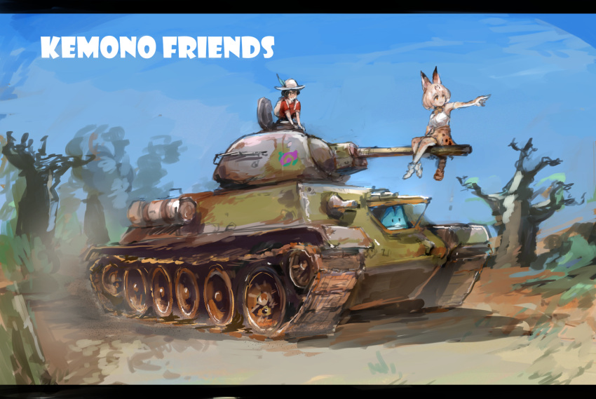 animal_ears backpack bag black_hair blonde_hair cat_ears cat_tail elbow_gloves feathers gloves ground_vehicle hat highres kemono_friends military military_vehicle monster_girl motor_vehicle open_mouth osakana_(denpa_yun'yun) park_guide pointing print_skirt serval_(kemono_friends) short_hair sitting sketch skirt tail tank yellow_eyes