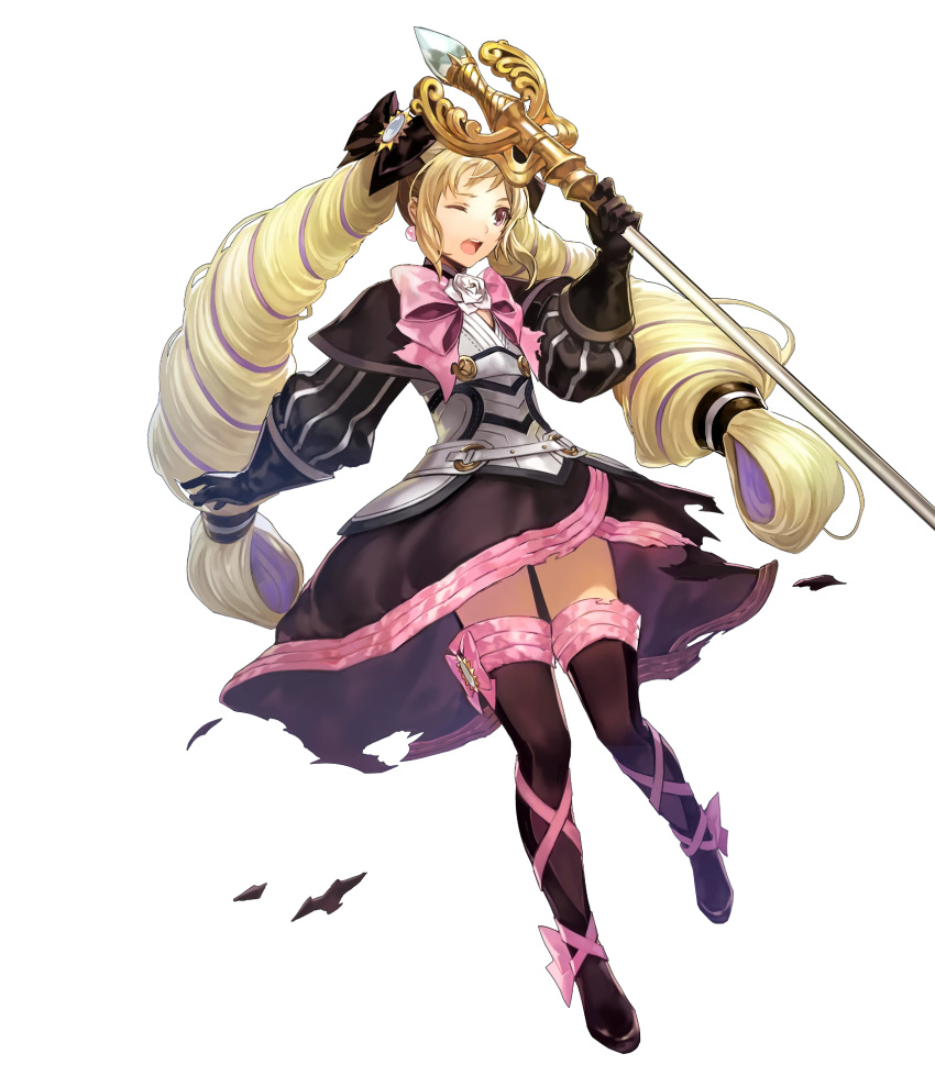 1girl blonde_hair boots dress earrings elise_(fire_emblem_if) fire_emblem fire_emblem_heroes fire_emblem_if full_body gloves hair_ribbon highres holding jewelry long_hair official_art one_eye_closed open_mouth ribbon solo staff thigh-highs thigh_boots torn_clothes transparent_background twintails violet_eyes zettai_ryouiki