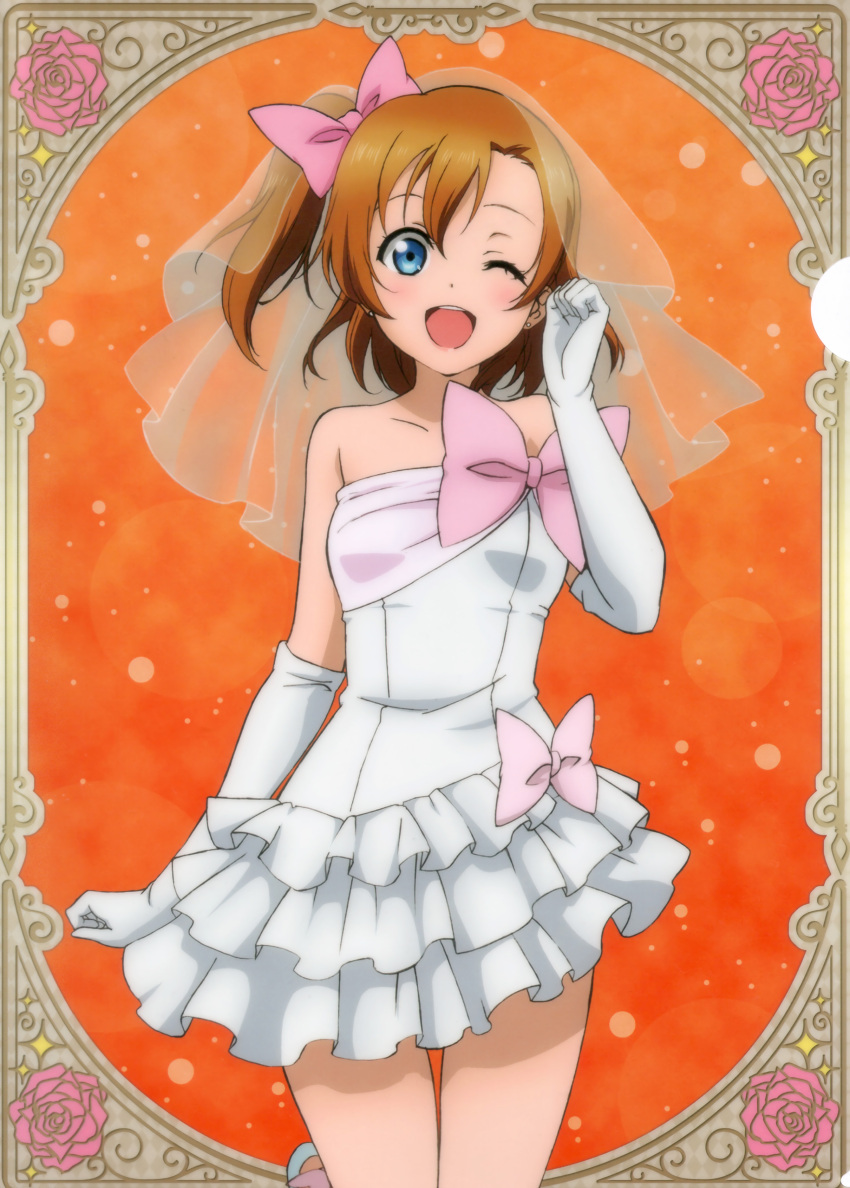 1girl absurdres blue_eyes bow bridal_gauntlets bridal_veil brown_hair collar dress elbow_gloves gloves hair_bow highres kousaka_honoka looking_at_viewer love_live! love_live!_school_idol_project one_eye_closed one_side_up open_mouth pink_bow short_hair solo strapless strapless_dress veil wedding_dress white_dress white_gloves