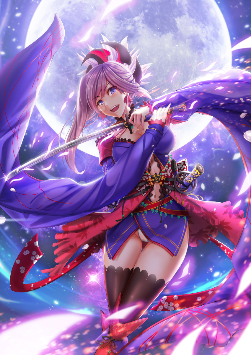 absurdres asymmetrical_hair backlighting black_legwear blue_eyes breasts cleavage fate/grand_order fate_(series) floral_print hair_ornament hasaya highres holding holding_sword holding_weapon japanese_clothes katana kimono light_particles long_sleeves looking_at_viewer magatama miyamoto_musashi_(fate/grand_order) moon multiple_swords navel night night_sky open_mouth panties petals pink_hair ponytail sash sheath sheathed sky smile standing sword thigh-highs thighs underwear unsheathed weapon white_panties