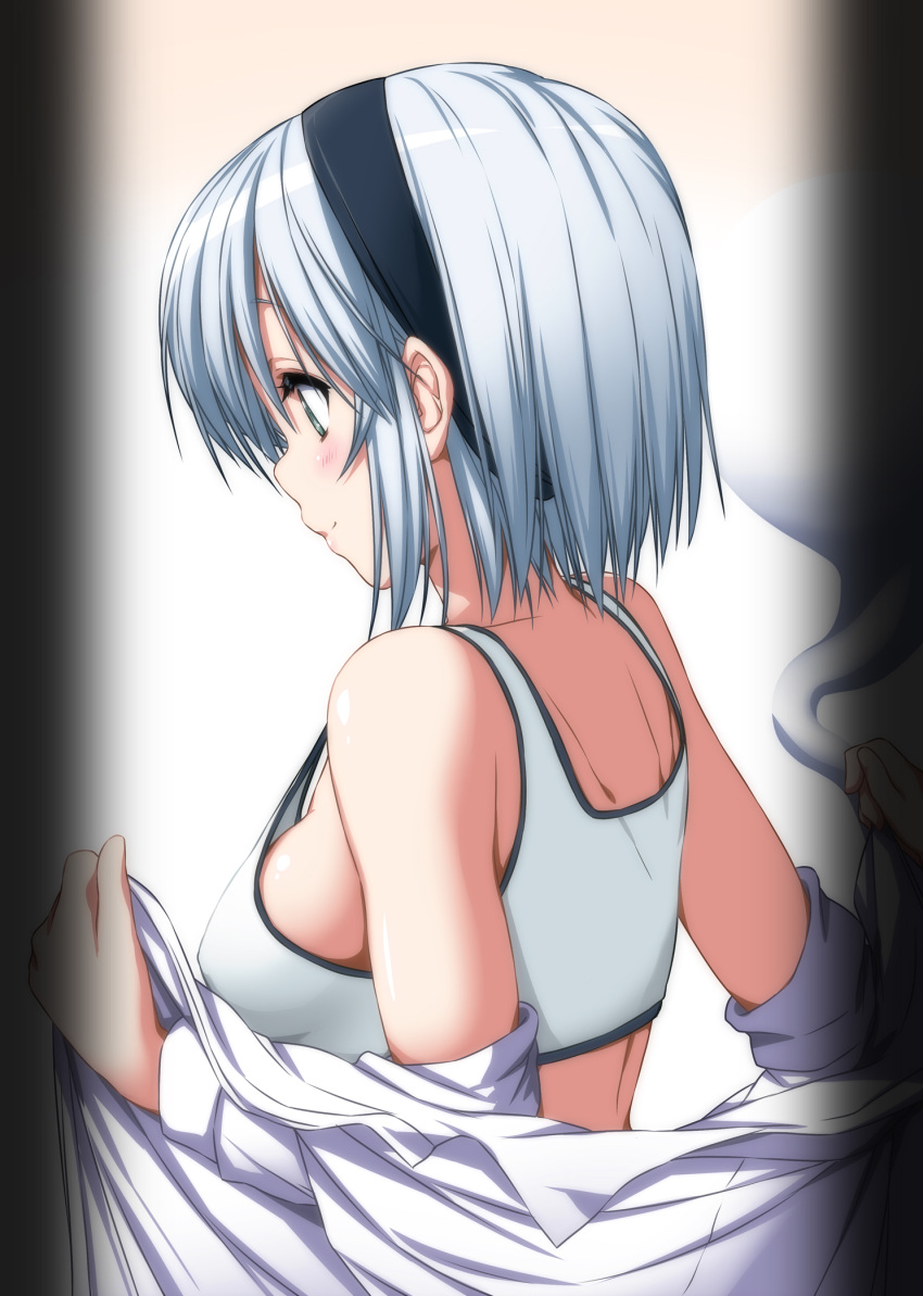 1girl bare_shoulders blush breasts from_side green_eyes hairband highres hitodama konpaku_youmu konpaku_youmu_(ghost) medium_breasts nori_tamago off_shoulder open_clothes peeking short_hair sideboob silver_hair smile solo sports_bra strap_gap touhou undressing upper_body