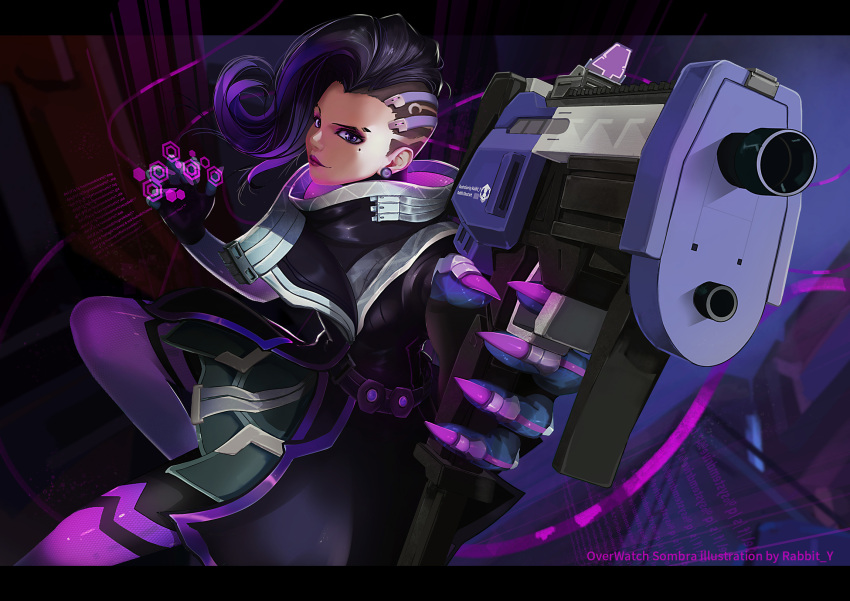 1girl artist_name asymmetrical_hair character_name commentary_request copyright_name dark_skin earrings eyeshadow foreshortening gloves gun high_collar highres holographic_interface jewelry letterboxed lipstick long_hair looking_at_viewer makeup mole mole_under_eye multicolored_hair nose one_leg_raised overwatch purple_hair purple_lipstick rabbit_y smile solo sombra_(overwatch) stud_earrings submachine_gun two-tone_hair violet_eyes weapon