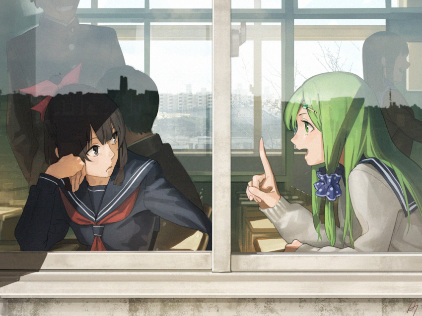 2boys 3girls amino_(tn7135) bow brown_eyes brown_hair building cardigan classroom desk frog_hair_ornament green_eyes green_hair hair_bow hair_ornament hairclip hakurei_reimu index_finger_raised kochiya_sanae multiple_boys multiple_girls open_mouth reflection school_desk school_uniform scrunchie serafuku touhou window