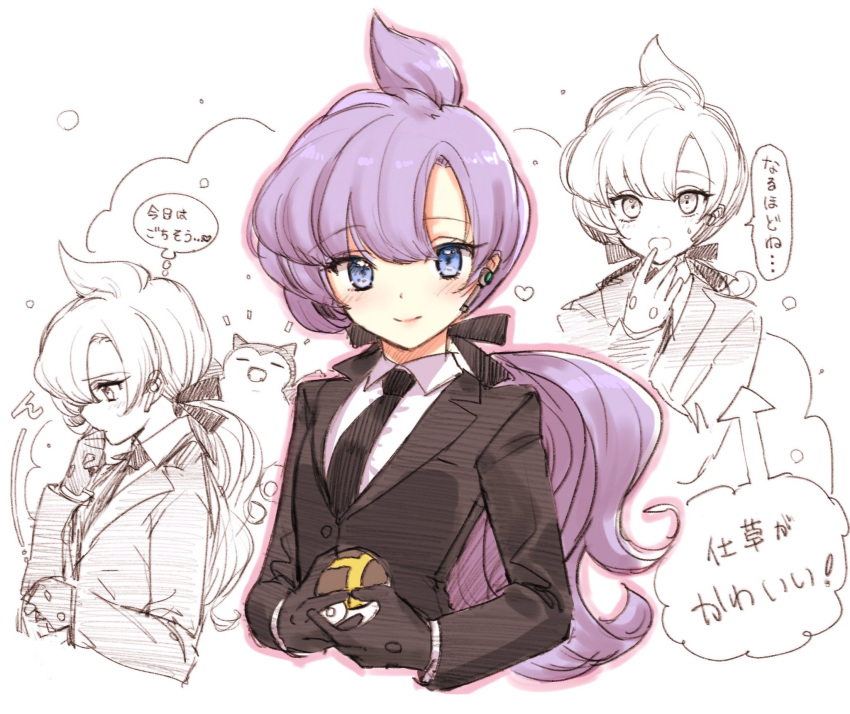 ... 1girl ahoge arrow blazer blue_eyes blush collared_shirt earphones expressions gloves hair_ribbon heart highres jacket lila_(pokemon) looking_at_viewer low_ponytail necktie pink_lips poke_ball pokemon pokemon_(game) pokemon_sm purple_hair ribbon shirt simple_background sketch smile snorlax speech_bubble text tsukigami_runa ultra_ball upper_body white_background