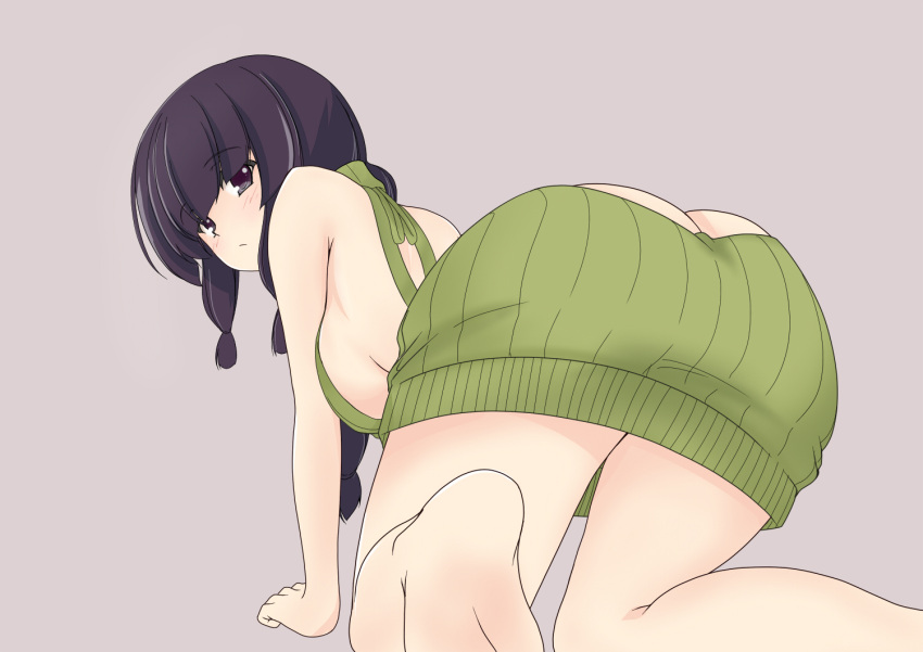 1girl all_fours ass backless_outfit bare_arms bare_back bare_shoulders black_eyes black_hair braid breasts butt_crack dress from_behind from_side green_sweater halterneck kantai_collection kiri_(foxsnake) kitakami_(kantai_collection) looking_at_viewer naked_sweater ribbed_sweater sideboob single_braid sweater sweater_dress turtleneck turtleneck_sweater virgin_killer_sweater