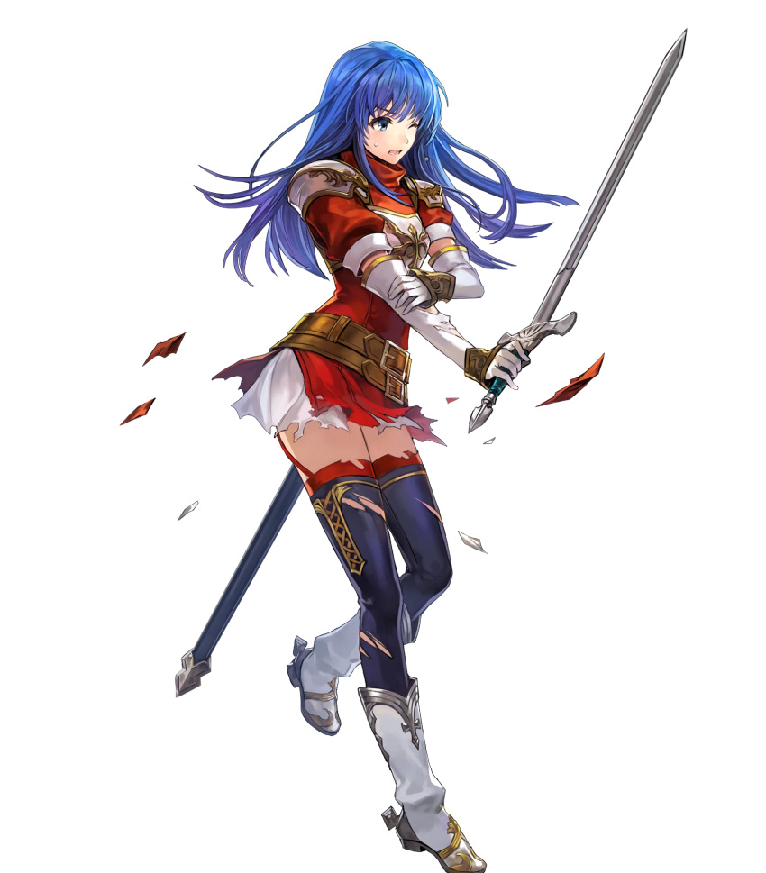 1girl armor belt blue_eyes blue_hair boots breastplate dress elbow_gloves fire_emblem fire_emblem:_mystery_of_the_emblem fire_emblem_heroes full_body gloves highres holding knee_boots long_hair official_art one_eye_closed pauldrons sheeda short_dress short_sleeves skirt solo sword thigh-highs torn_clothes transparent_background weapon zettai_ryouiki