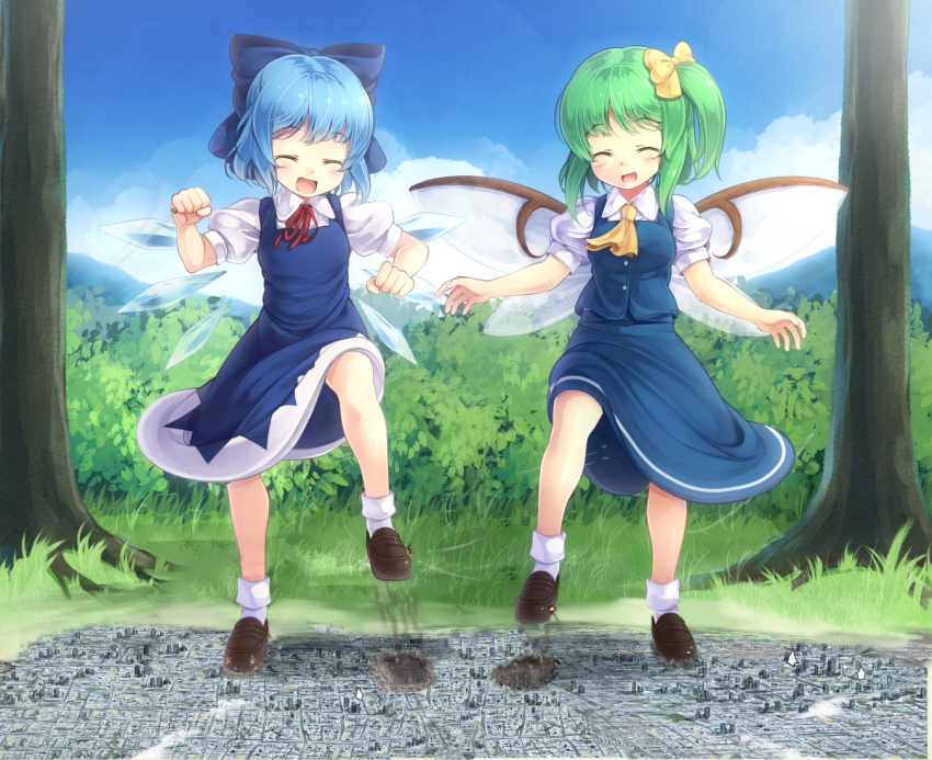 2girls blue_bow blue_hair bow cirno city closed_eyes daiyousei destruction fang green_hair hair_bow ice ice_wings komimiyako loafers multiple_girls open_mouth shoes size_difference socks stomping touhou wings yellow_bow