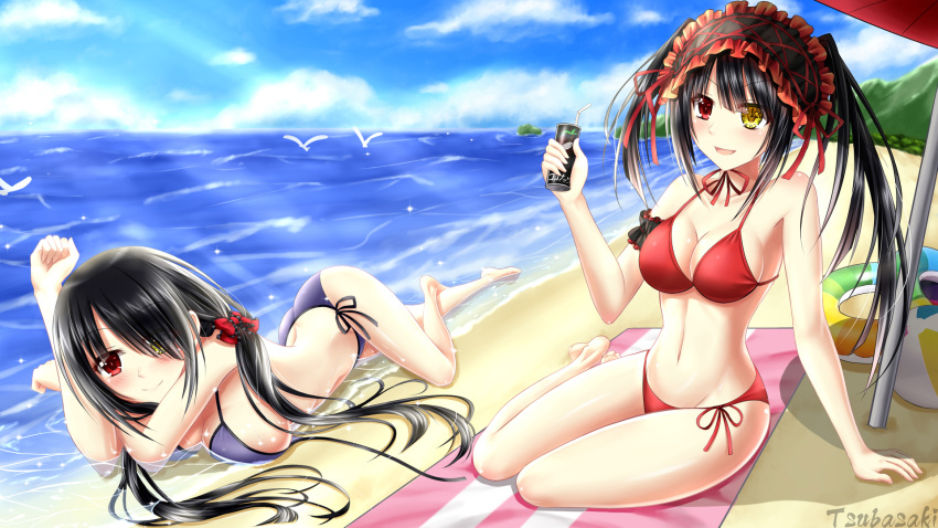 2girls arm_support asymmetrical_hair barefoot beach bikini bird black_hair bow breast_press breasts cleavage clock_eyes clouds cloudy_sky collarbone date_a_live dual_persona eyebrows_visible_through_hair food hair_bow hairband heterochromia highres holding holding_food ice_cream innertube lolita_hairband long_hair looking_at_viewer lying medium_breasts multiple_girls navel ocean on_stomach open_mouth outdoors purple_bikini red_bow red_eyes shiny shiny_skin side-tie_bikini sideboob sitting sky smile swimsuit symbol-shaped_pupils tokisaki_kurumi tsubasaki twintails untied untied_bikini wet yellow_eyes