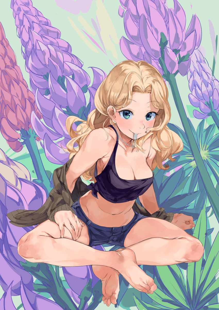 1girl absurdres aqua_eyes arm_at_side armpits bad_id bangs bare_legs bare_shoulders barefoot blonde_hair blue_shorts blush breasts character_request closed_mouth denim denim_shorts earrings eyebrows_visible_through_hair feet flower full_body girls_und_panzer highres indian_style jacket jewelry kabotya_to_rantan kay_(girls_und_panzer) leaning_forward long_hair long_sleeves looking_at_viewer medium_breasts midriff mouth_hold navel necklace no_bra off_shoulder open_clothes open_jacket parted_bangs pendant pokemon short_shorts shorts sitting sleeveless soles solo stomach strap_slip stud_earrings tank_top toes