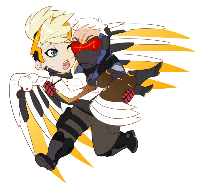 1boy 1girl absurdres artist_request face_mask gloves highres jacket long_hair mask mechanical_halo mechanical_wings mercy_(overwatch) overwatch scar short_hair soldier:_76_(overwatch) swiss_flag visor white_hair wings yellow_wings