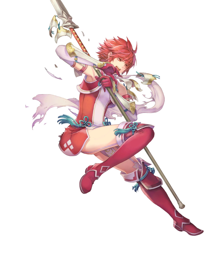 1girl arm_guards armor boots breasts broken_armor dress elbow_gloves fire_emblem fire_emblem_heroes fire_emblem_if full_body gloves haccan highres hinoka_(fire_emblem_if) lance official_art open_mouth polearm red_boots red_eyes redhead scarf short_dress short_hair solo thigh-highs thigh_boots torn_clothes transparent_background weapon white_scarf zettai_ryouiki