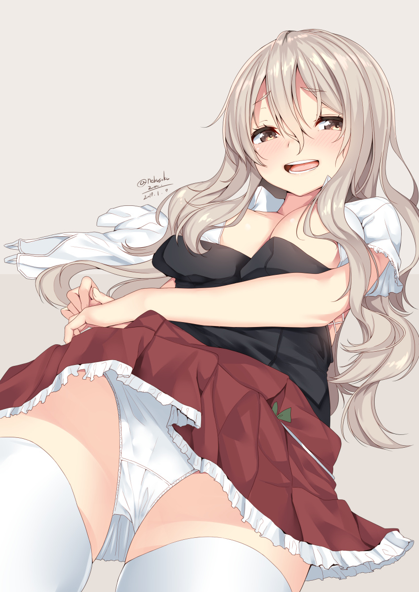 1girl 2017 absurdres blush brown_eyes commentary_request cowboy_shot dated dutch_angle frilled_skirt frills from_below grey_background highres kantai_collection light_brown_hair long_hair nebu_soku open_clothes open_mouth open_shirt panties pola_(kantai_collection) shirt skirt solo thigh-highs twitter_username underwear white_legwear white_panties
