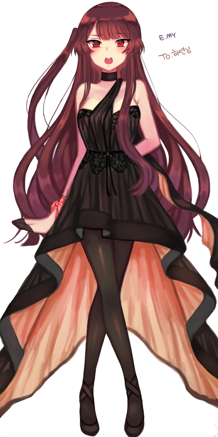 1girl absurdres artist_name blush choker dress emy formal full_body girls_frontline highres legs_crossed long_hair looking_at_viewer open_mouth pantyhose purple_hair red_eyes simple_background solo wa2000_(girls_frontline)