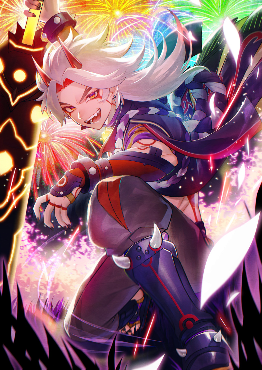 1boy absurdres arataki_itto arm_guards bangle bangs black_nails black_pants bodypaint bracelet crop_top earrings fangs fireworks foot_out_of_frame forked_eyebrows genshin_impact hair_slicked_back highres horns jewelry long_hair looking_at_viewer male_focus nail_polish oni oni_horns open_mouth orange_eyes pants parted_bangs red_eyeliner red_horns smile solo sorata_(sorata_hnkn) spiked_bracelet spiked_footwear spikes teeth upper_teeth white_hair