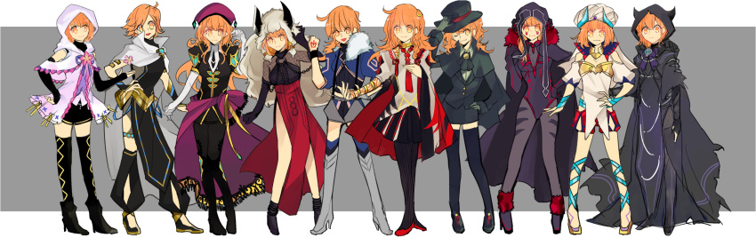 ahoge alternate_costume alternate_hairstyle asterios_(fate/grand_order) bare_shoulders cape commentary_request cosplay cu_chulainn_alter_(fate/grand_order) curly_hair dress edmond_dantes_(fate/grand_order) fate/apocrypha fate/extra fate/grand_order fate/prototype fate/prototype:_fragments_of_blue_and_silver fate/stay_night fate_(series) fujimaru_ritsuka_(female) gilgamesh gilgamesh_(caster)_(fate) hat highres hood horns jewelry king_hassan_(fate/grand_order) lancer lancer_(fate/prototype) long_hair looking_at_viewer merlin_(fate/stay_night) multiple_girls one_eye_closed open_mouth orange_hair rider_(fate/prototype_fragments) side_ponytail skirt smile solomon_(fate/grand_order) wolfgang_amadeus_mozart_(fate/grand_order)