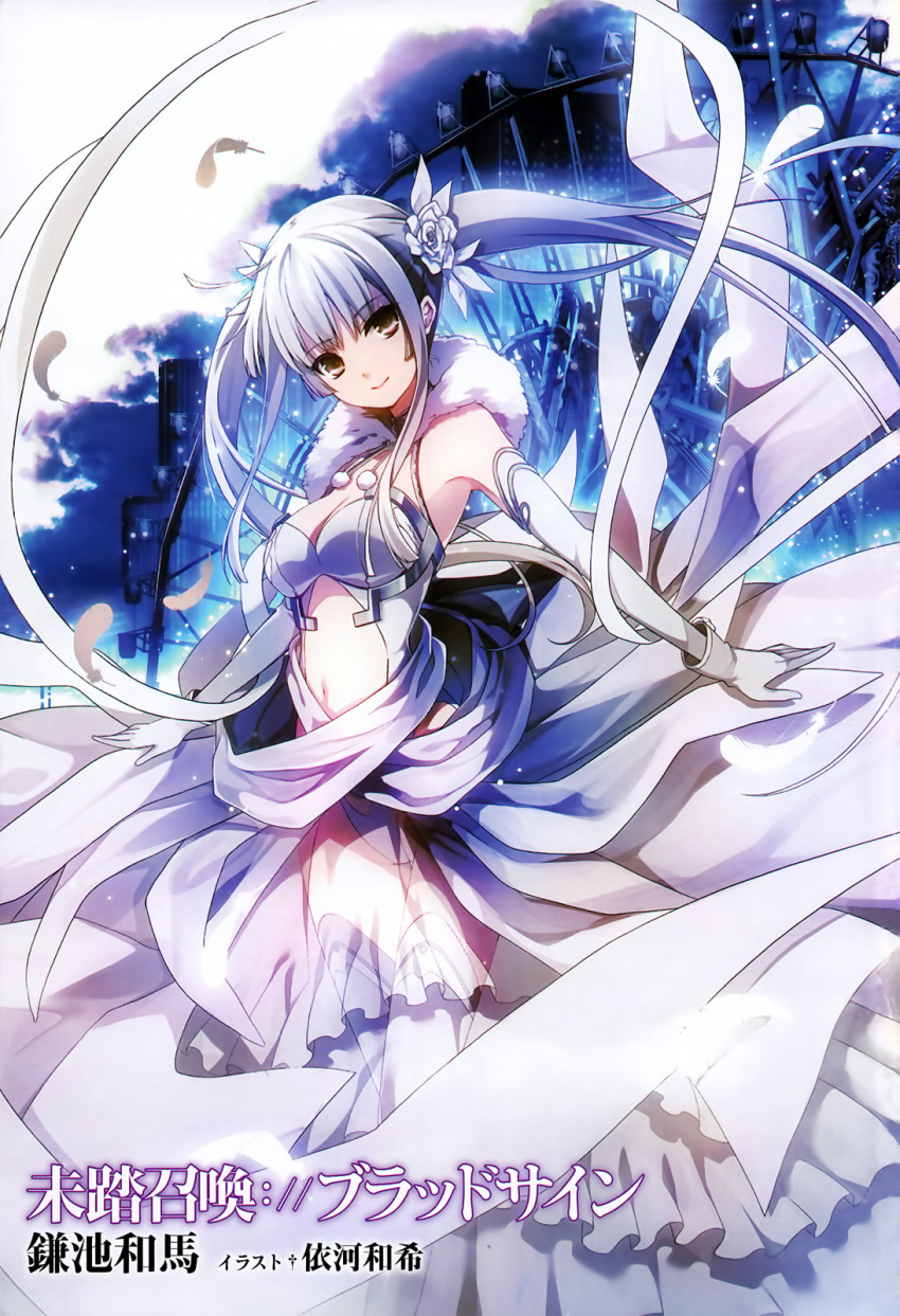 1girl breasts bridal_gauntlets copyright_name dress eyebrows_visible_through_hair falling_feathers feathers flower gloves grey_eyes groin hair_flower hair_ornament highres ikawa_waki long_hair looking_at_viewer mitou_shoukan://blood_sign navel official_art shiroki_jo'ou silver_hair smile solo text thigh-highs twintails zettai_ryouiki