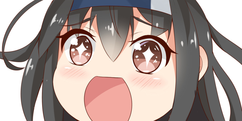 +_+ 1girl black_hair close-up hair_between_eyes hatsushimo_(kantai_collection) headband kantai_collection long_hair looking_at_viewer no_nose open_mouth red_eyes simple_background sin-poi solo sparkling_eyes symbol-shaped_pupils white_background