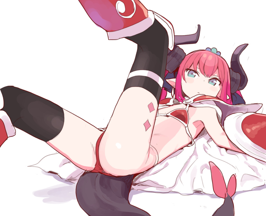 1girl armor bikini_armor blue_eyes do_re_mi earrings elf elizabeth_bathory_(brave)_(fate) fate_(series) flat_chest highres horns jewelry lancer_(fate/extra_ccc) pointy_ears redhead shield shoulder_pads tail thigh-highs thighs