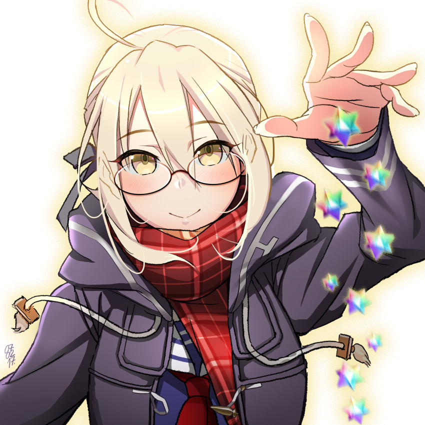 1girl 2017 :&gt; absurdres ahoge alcoholrang arm_at_side bangs black-framed_eyewear black_jacket blonde_hair blush brown_eyes closed_mouth commentary_request dated drawstring dropping eyebrows_visible_through_hair fate/grand_order fate_(series) fingernails glasses hair_between_eyes hair_ribbon heroine_x heroine_x_(alter) highres jacket long_sleeves looking_at_viewer motion_blur neckerchief open_clothes open_hand open_jacket outstretched_arm palms plaid plaid_scarf red_neckerchief red_scarf ribbon saber saint_quartz scarf school_uniform semi-rimless_glasses serafuku short_hair simple_background smile solo stellated_octahedron under-rim_glasses upper_body white_background yellow_eyes