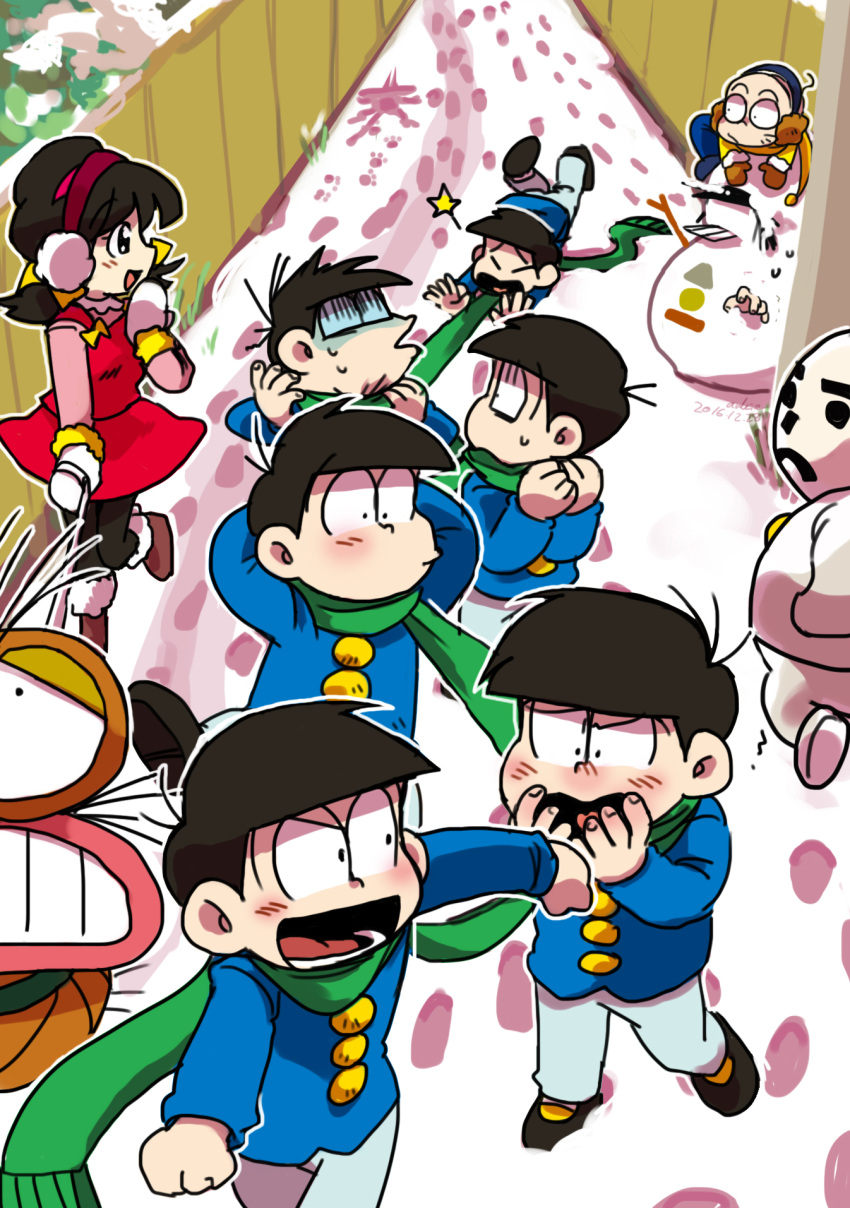 1girl 6+boys ankie asphyxiation black_hair brothers chibita choking dress earmuffs fence footprints gloves highres iyami kemunpasu matching_outfit matsuno_choromatsu matsuno_ichimatsu matsuno_juushimatsu matsuno_karamatsu matsuno_osomatsu matsuno_todomatsu multiple_boys osomatsu-kun paw_print scarf sextuplet_(osomatsu-kun) sextuplets shared_scarf short_twintails siblings snow snowman sweat twintails walking white_gloves yowai_totoko