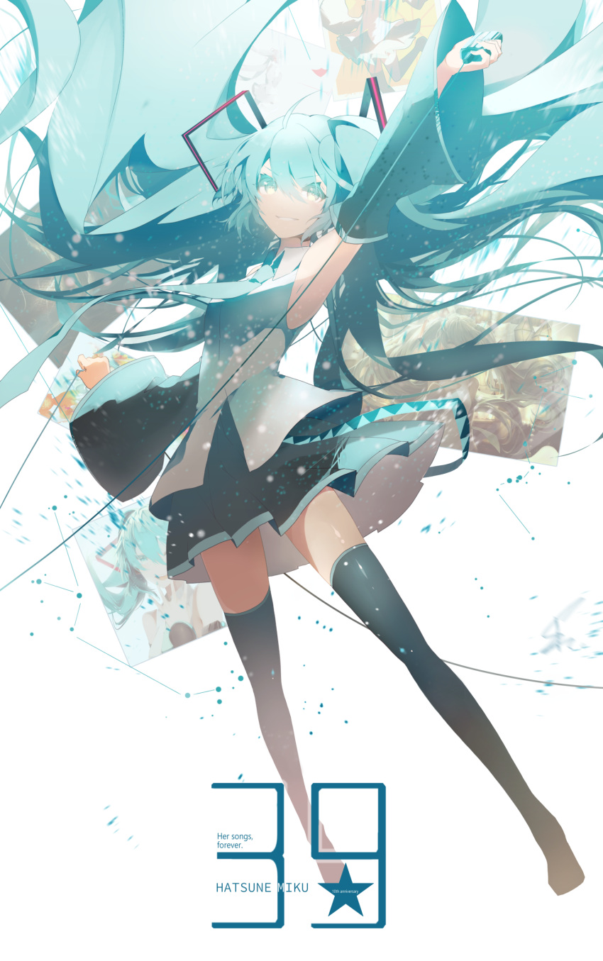 1girl 39 absurdres anniversary belt breasts cable detached_sleeves english eyelashes full_body green_eyes green_hair hair_ornament hatsune_miku highres holding long_hair looking_at_viewer microphone necktie number saihate_(saihate_d3) simple_background skirt smile solo star text thigh-highs twintails very_long_hair vocaloid wire