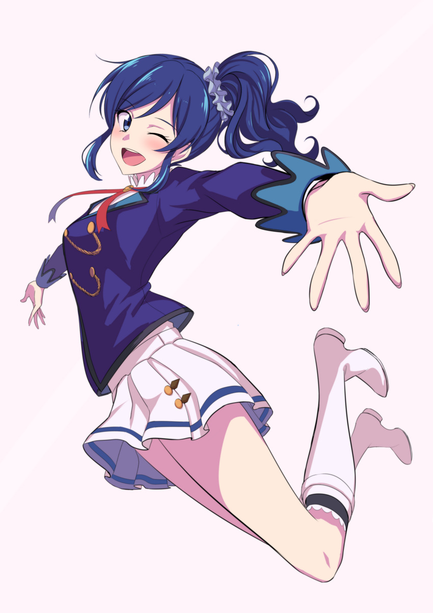 1girl absurdres aikatsu! blue_eyes blue_hair blush boots eyebrows_visible_through_hair full_body hair_ornament hair_scrunchie highres jumping kiriya_aoi long_hair long_sleeves looking_at_viewer matching_hair/eyes one_eye_closed open_mouth outstretched_arms scrunchie shiny shiny_hair side_ponytail skirt smile solo spread_arms ulrich_(tagaragakuin) uniform white_background white_skirt wink
