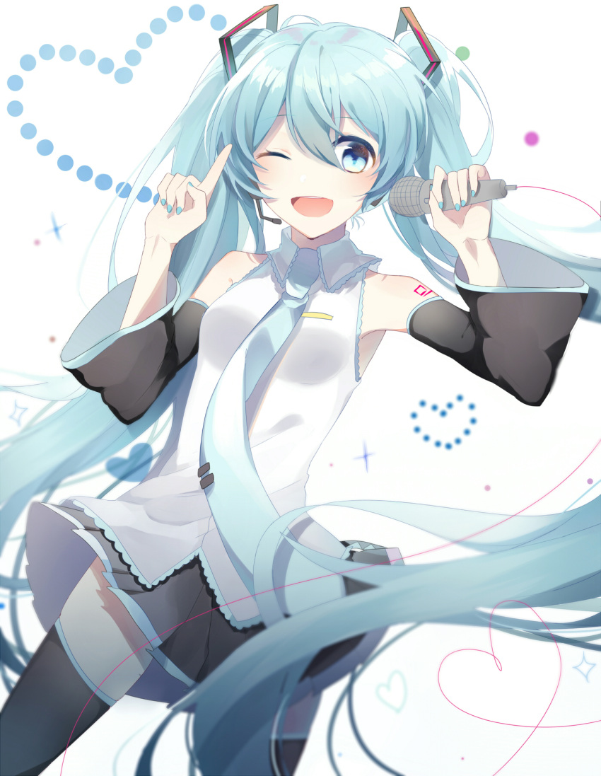 1girl ;d aqua_necktie arm_up bangs black_legwear black_skirt blue_eyes blue_hair blurry breasts collared_shirt depth_of_field detached_sleeves dutch_angle hair_between_eyes hand_up hatsune_miku heart heart_of_string highres holding holding_microphone index_finger_raised long_hair looking_at_viewer microphone necktie one_eye_closed open_mouth pleated_skirt shirt skirt sleeveless sleeveless_shirt small_breasts smile solo sudale teeth thigh-highs twintails very_long_hair vocaloid white_background