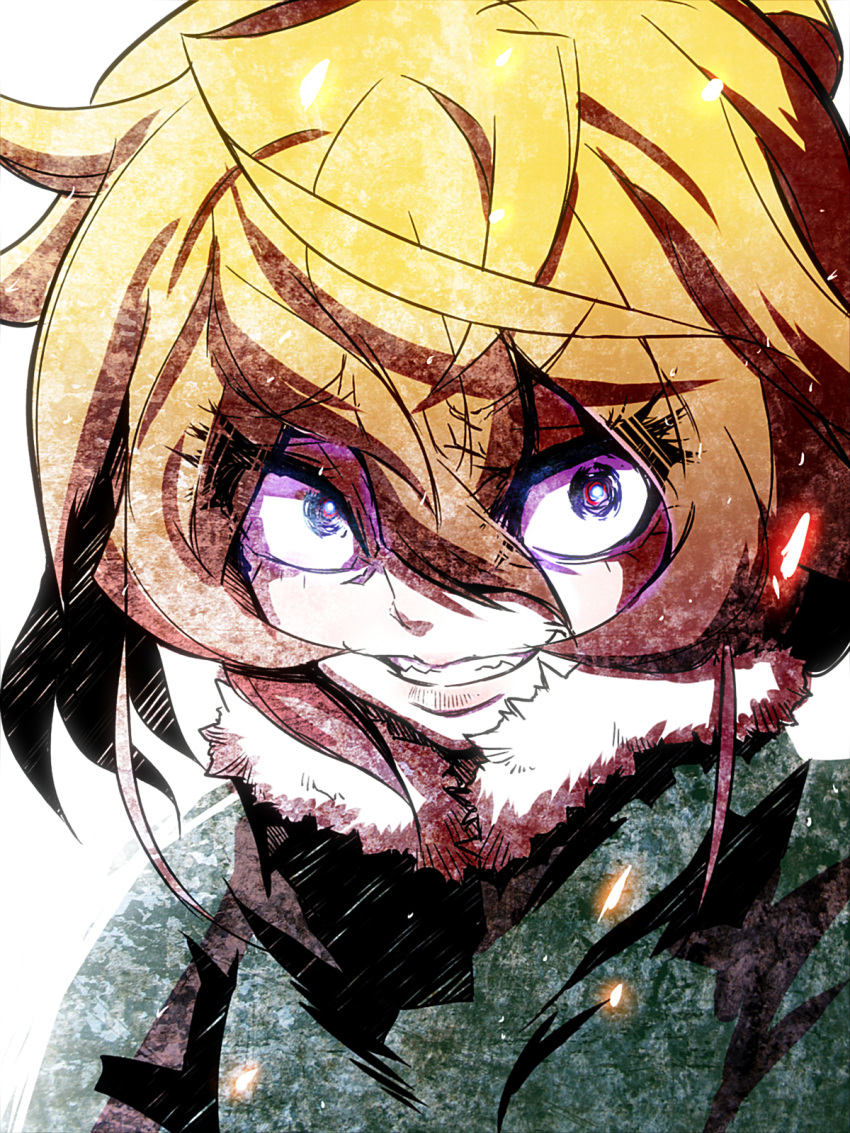 1girl blonde_hair blue_eyes coat crazy_eyes evil_smile hair_between_eyes highres jin_(mugenjin) long_sleeves looking_at_viewer short_hair smile solo tanya_degurechaff upper_body white_background winter_clothes winter_coat youjo_senki